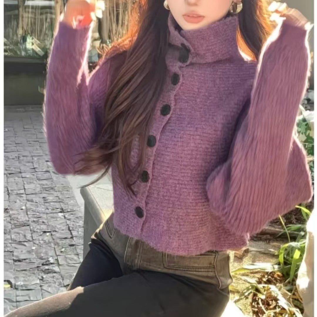 Loose Fit High Neck Long Sleeve Knit Cardigan Sweater