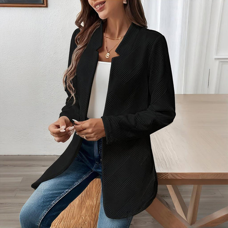 Women's Solid Color Notched Lapel Blazer - Textured Elegant Jacket For Fall & Winter, Formal & Casual Wear