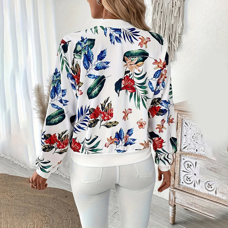 Women's Zip-Up Jacket With All-Over Botanical Print, Round Neck, Long Sleeve, Casual & Formal Wear For Spring & Fall