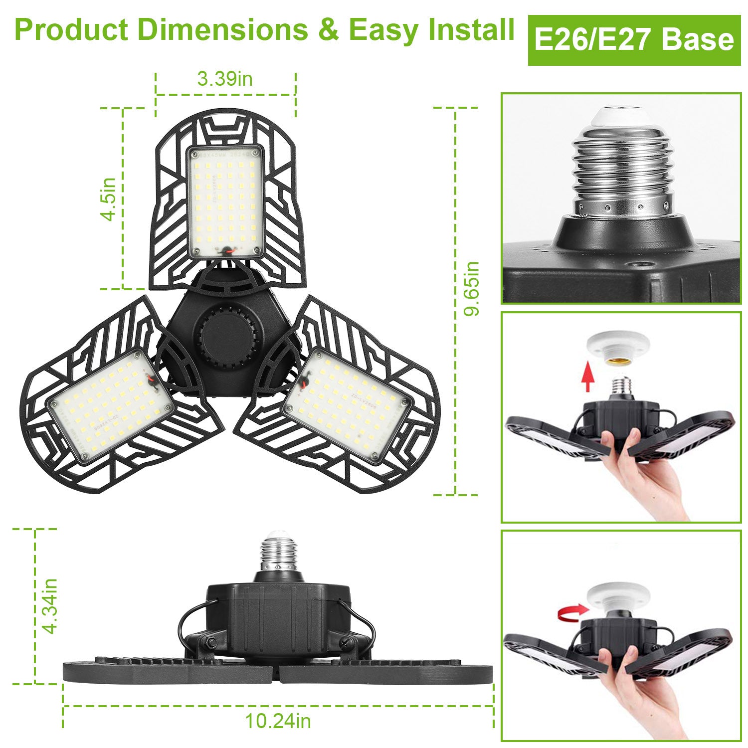 LED Garage Light E26 E27 80W 7000LM 6500K Garage Ceiling Light Deformable Workshop Lamp Die Cast Aluminum LED Ceiling Light Bulbs With 3 Adjustable Panels For Barn Shop Warehouse Workshop
