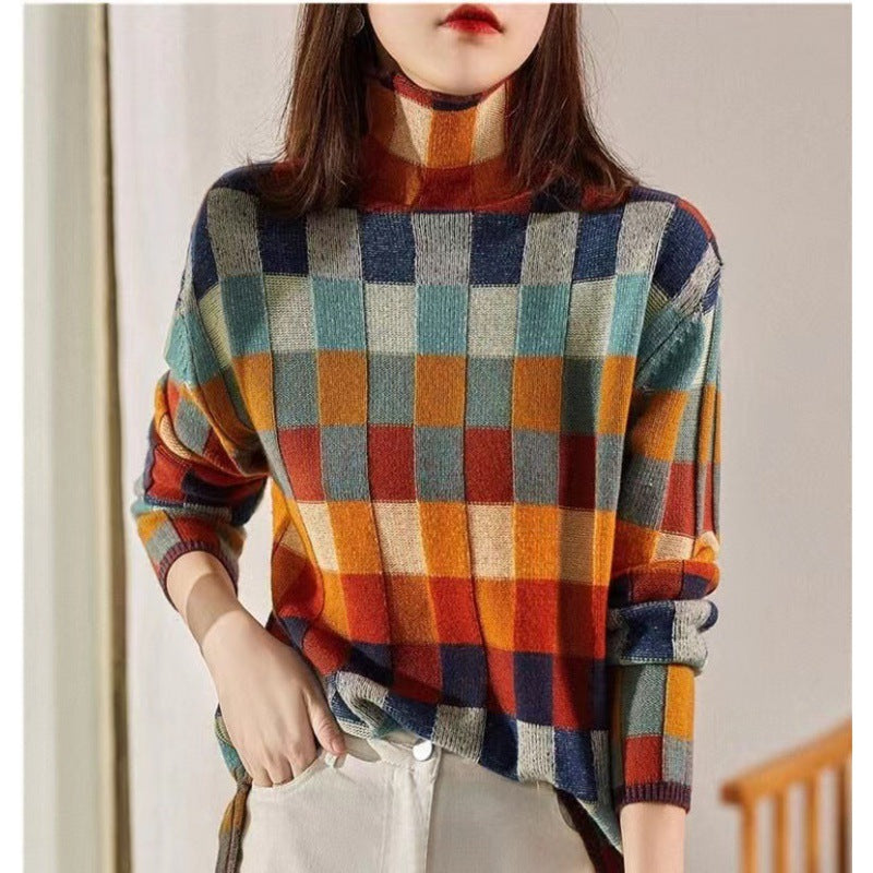 Colorful Checkered Wool Knit Sweater