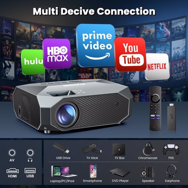 Projector With 5G WiFi And Bluetooth, Native 1080P, Supports 4K, Suitable For Mobile Phones, PCs, TV Sticks, PS5.