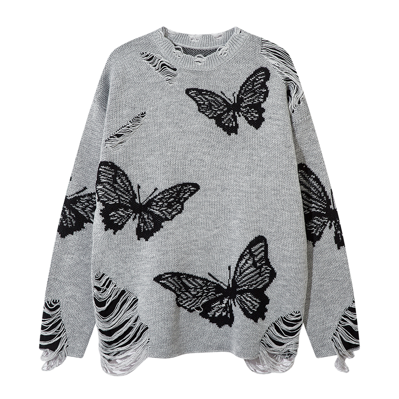 Butterfly Pattern Knit Sweater Long Sleeve Casual Pullover