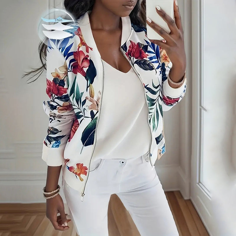 Women's Zip-Up Jacket With All-Over Botanical Print, Round Neck, Long Sleeve, Casual & Formal Wear For Spring & Fall
