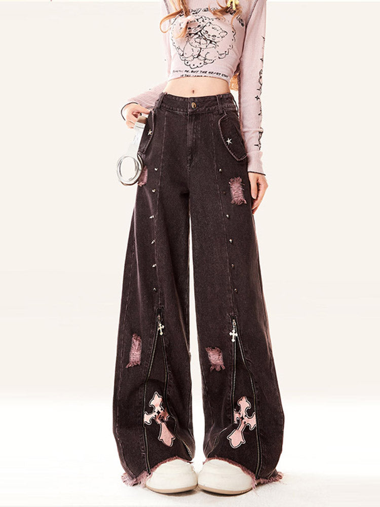 Retro black and Gray Denim Pants