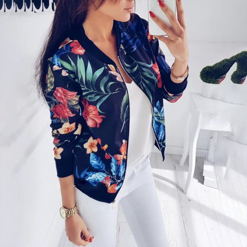 Women's Zip-Up Jacket With All-Over Botanical Print, Round Neck, Long Sleeve, Casual & Formal Wear For Spring & Fall