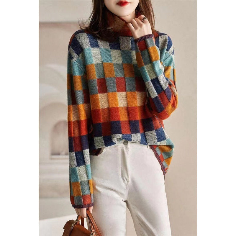 Colorful Checkered Wool Knit Sweater