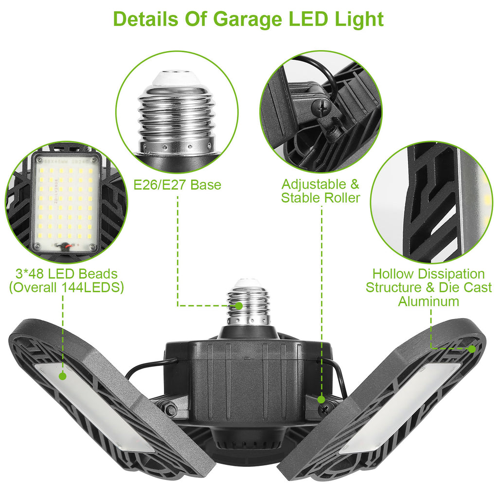 LED Garage Light E26 E27 80W 7000LM 6500K Garage Ceiling Light Deformable Workshop Lamp Die Cast Aluminum LED Ceiling Light Bulbs With 3 Adjustable Panels For Barn Shop Warehouse Workshop