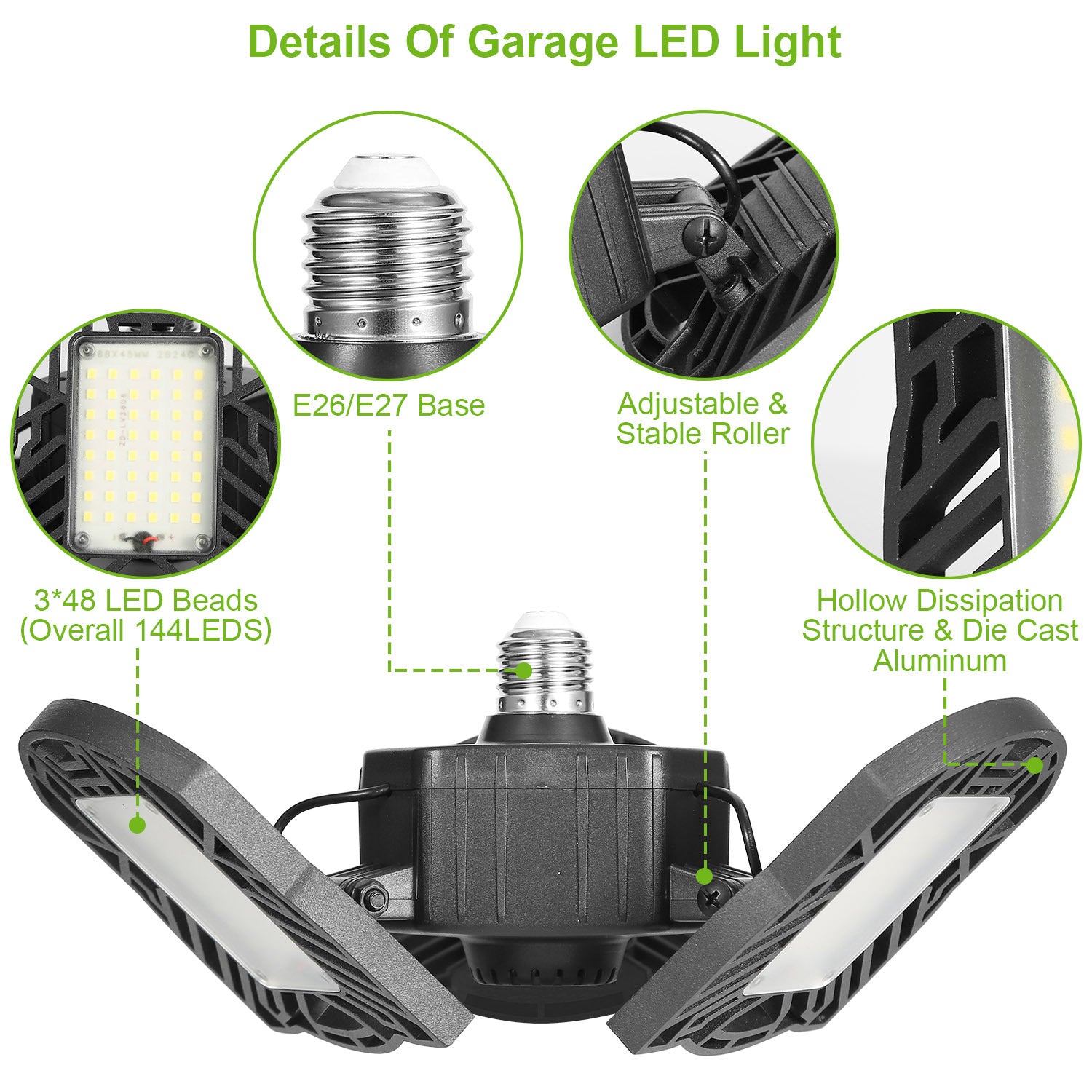 LED Garage Light E26 E27 80W 7000LM 6500K Garage Ceiling Light Deformable Workshop Lamp Die Cast Aluminum LED Ceiling Light Bulbs With 3 Adjustable Panels For Barn Shop Warehouse Workshop