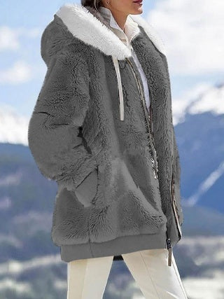 Fall And Winter Loose Plush Long Sleeves With Zippered Pockets And Hooded Warm Jacket for Women