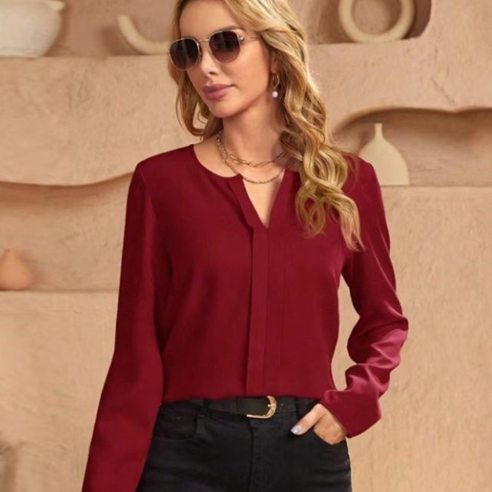 Women's Satin V-Neck Long Sleeve Shirt