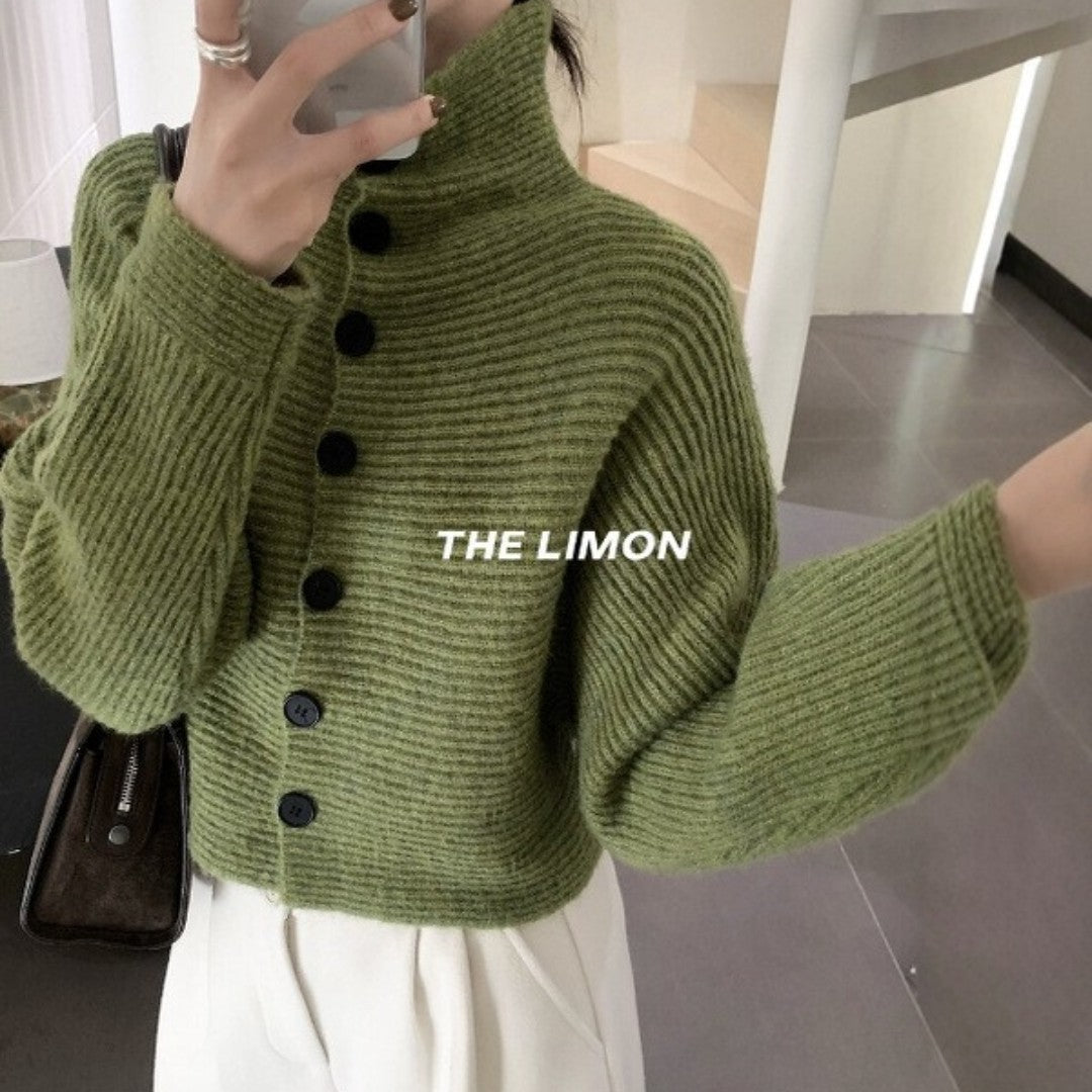 Loose Fit High Neck Long Sleeve Knit Cardigan Sweater