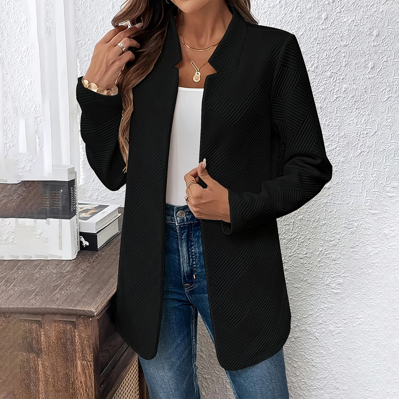 Women's Solid Color Notched Lapel Blazer - Textured Elegant Jacket For Fall & Winter, Formal & Casual Wear