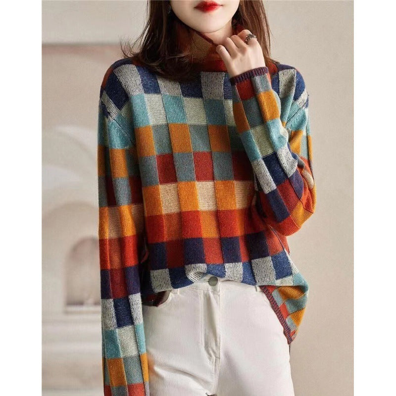 Colorful Checkered Wool Knit Sweater