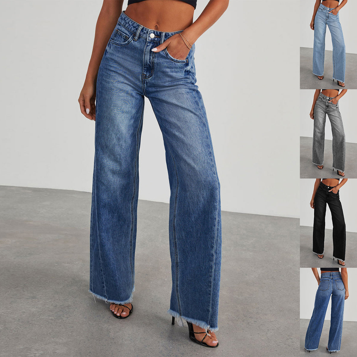 Fashion High Waist Jeans With Pockets Comfortable Slim Fit Straight Wide-leg