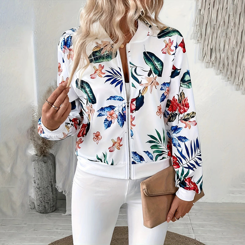 Women's Zip-Up Jacket With All-Over Botanical Print, Round Neck, Long Sleeve, Casual & Formal Wear For Spring & Fall