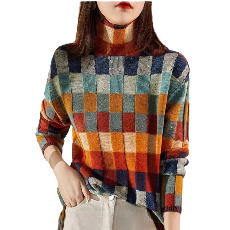 Colorful Checkered Wool Knit Sweater