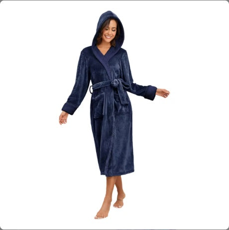 Women Plush Oversized Winter Soft, Warm, Long Flannel Bathrobe With Hoodie, Thick Night Fleece