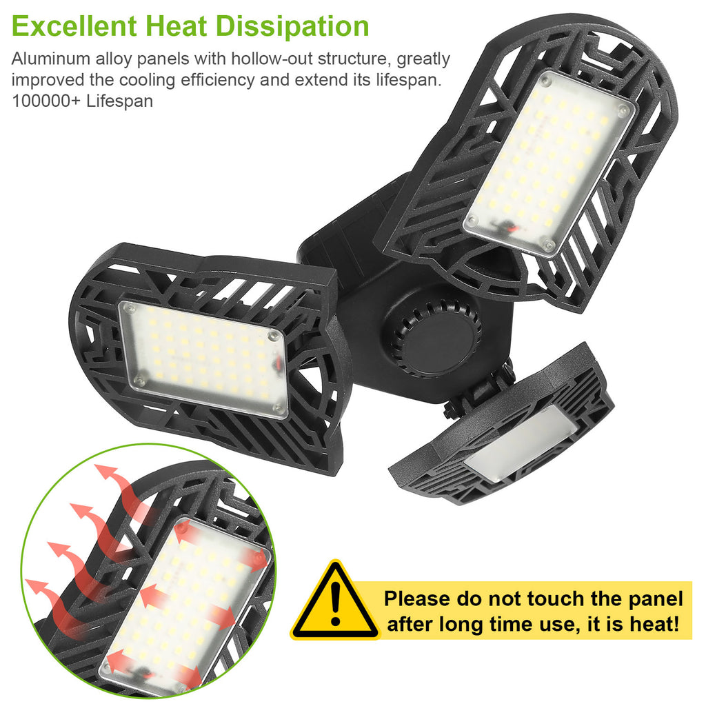 LED Garage Light E26 E27 80W 7000LM 6500K Garage Ceiling Light Deformable Workshop Lamp Die Cast Aluminum LED Ceiling Light Bulbs With 3 Adjustable Panels For Barn Shop Warehouse Workshop
