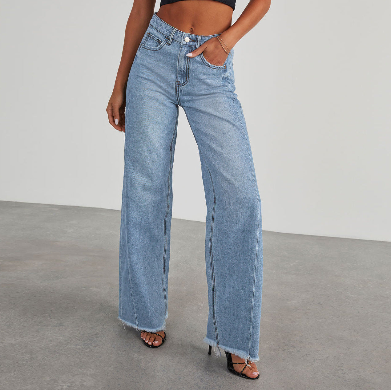 Fashion High Waist Jeans With Pockets Comfortable Slim Fit Straight Wide-leg