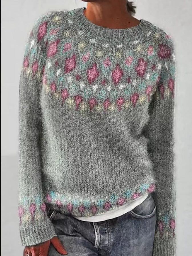 Round neck color matching loose pullover sweater