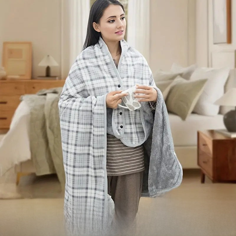 A buttoned shawl blanket for lunch break