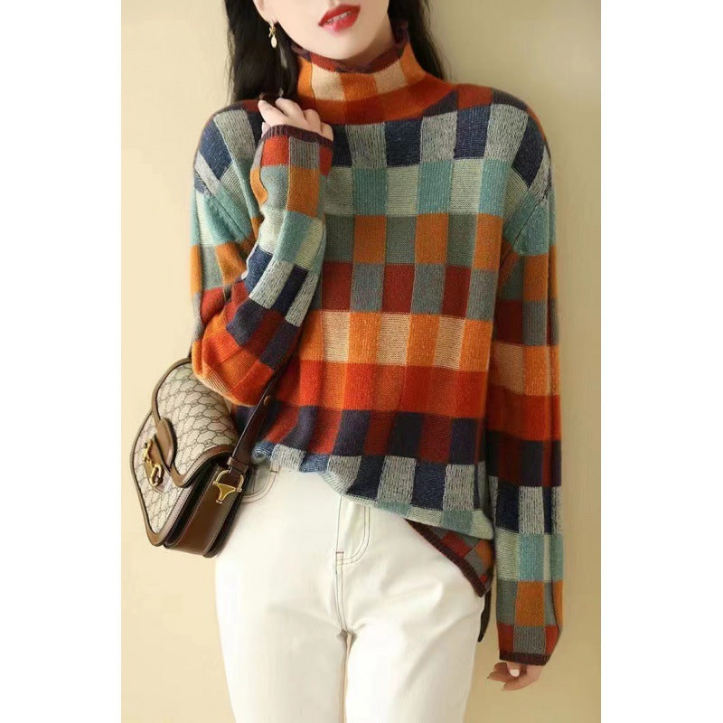 Colorful Checkered Wool Knit Sweater