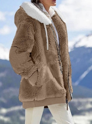Fall And Winter Loose Plush Long Sleeves With Zippered Pockets And Hooded Warm Jacket for Women
