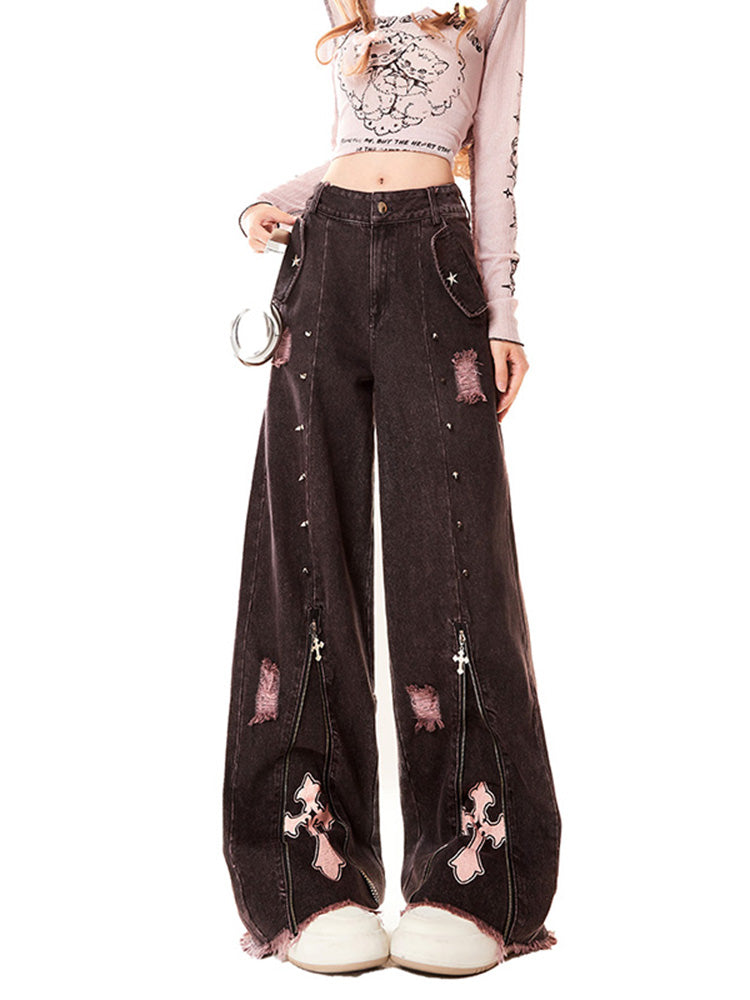 Retro black and Gray Denim Pants