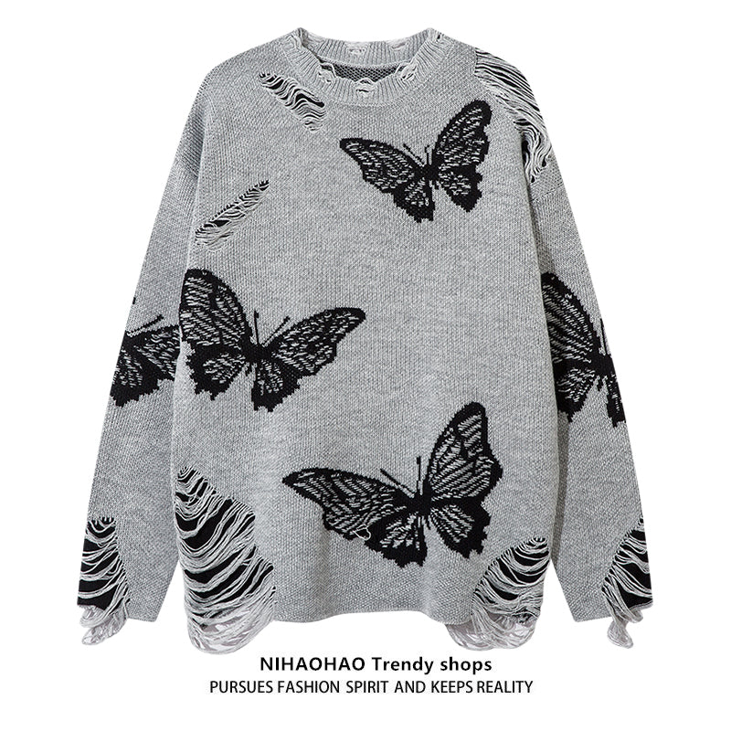 Butterfly Pattern Knit Sweater Long Sleeve Casual Pullover