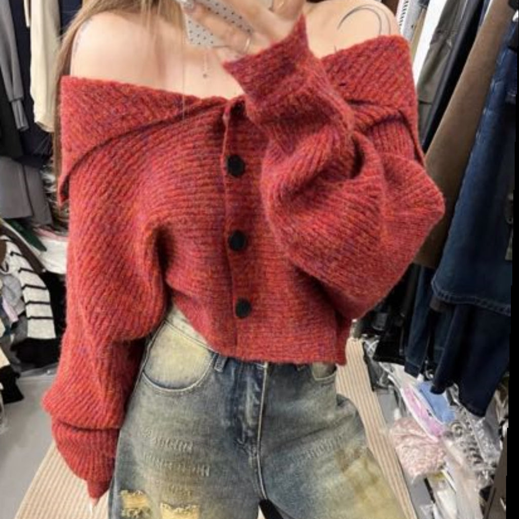 Loose Fit High Neck Long Sleeve Knit Cardigan Sweater