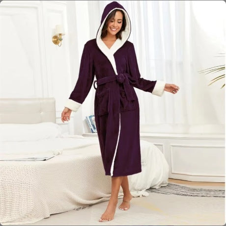 Women Plush Oversized Winter Soft, Warm, Long Flannel Bathrobe With Hoodie, Thick Night Fleece