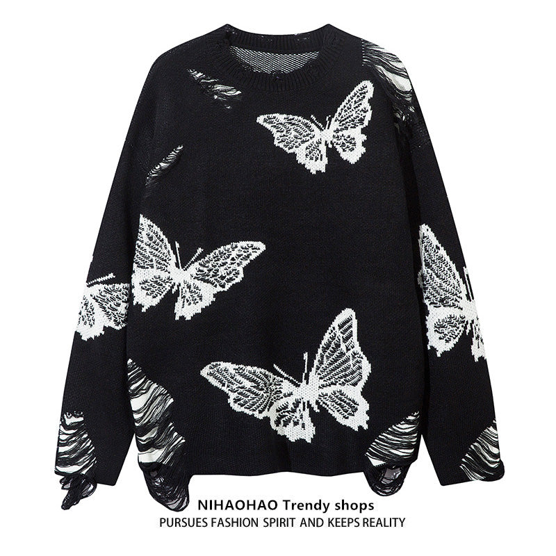 Butterfly Pattern Knit Sweater Long Sleeve Casual Pullover