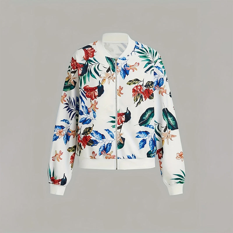 Women's Zip-Up Jacket With All-Over Botanical Print, Round Neck, Long Sleeve, Casual & Formal Wear For Spring & Fall