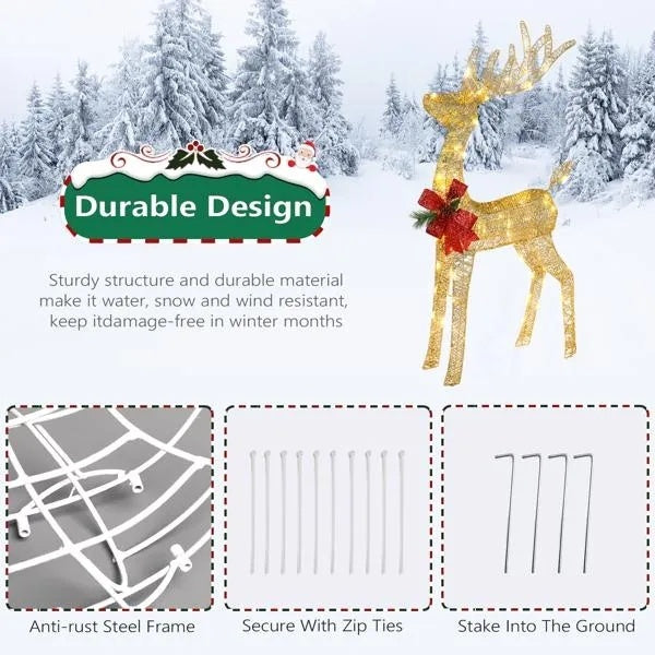 Lighted Christmas Reindeer Outdoor Decorations, Weather Proof 4ft Santa's Sleigh Reindeer Christmas Ornament Indoor Home Decor Pre-lit 90 LED Lights With Stakes, Zip Ties Secured