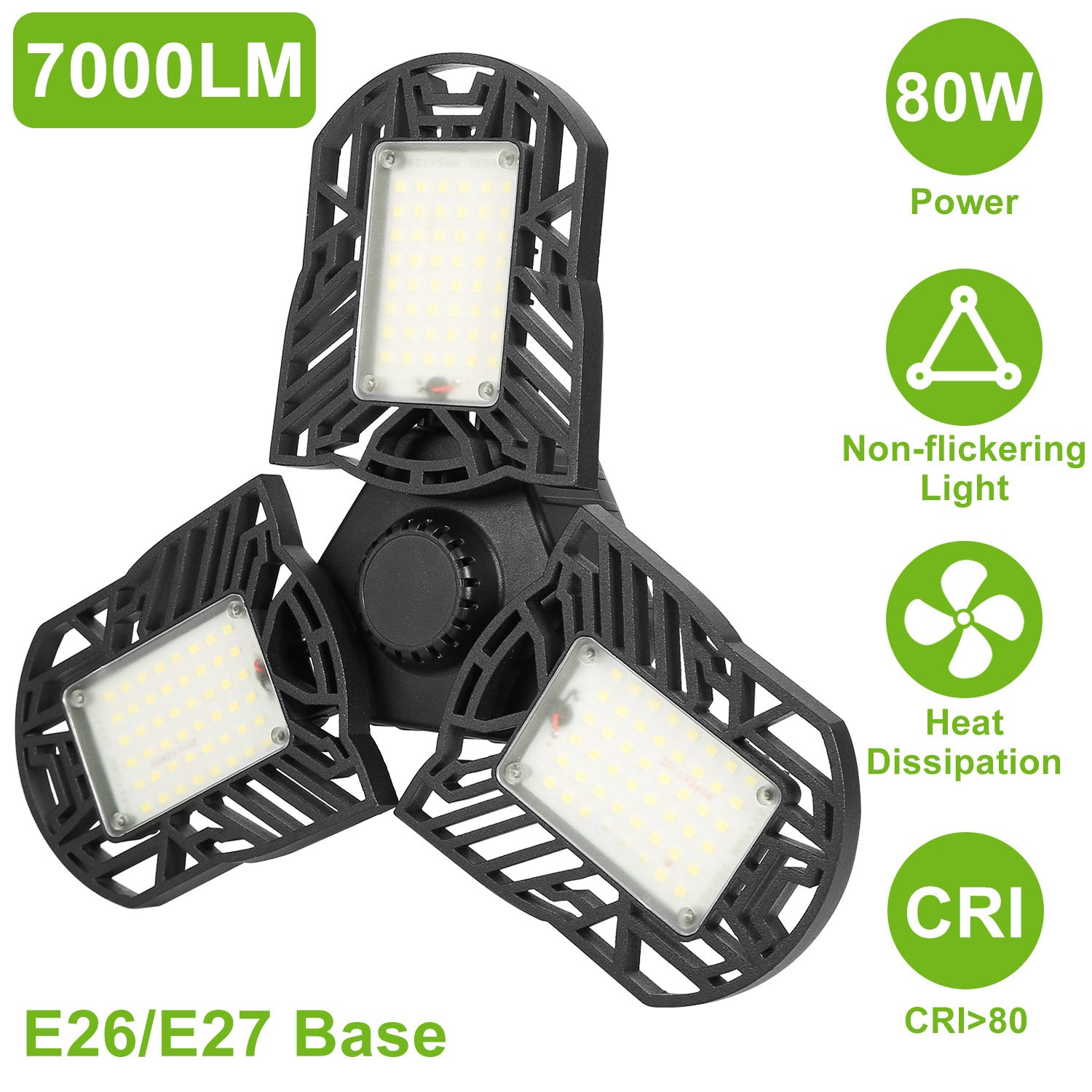 LED Garage Light E26 E27 80W 7000LM 6500K Garage Ceiling Light Deformable Workshop Lamp Die Cast Aluminum LED Ceiling Light Bulbs With 3 Adjustable Panels For Barn Shop Warehouse Workshop