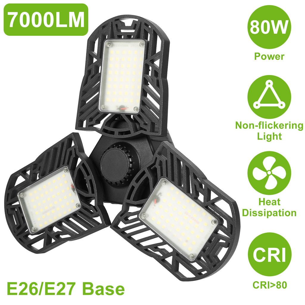 LED Garage Light E26 E27 80W 7000LM 6500K Garage Ceiling Light Deformable Workshop Lamp Die Cast Aluminum LED Ceiling Light Bulbs With 3 Adjustable Panels For Barn Shop Warehouse Workshop