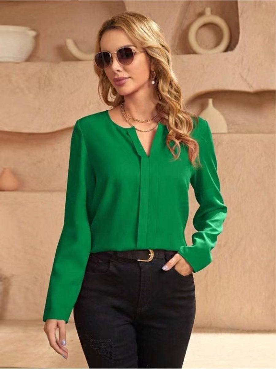 Women's Satin V-Neck Long Sleeve Shirt