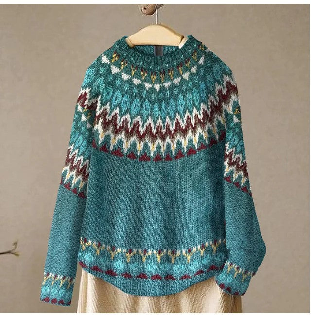 Round neck color matching loose pullover sweater