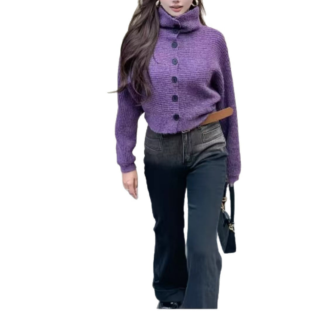 Loose Fit High Neck Long Sleeve Knit Cardigan Sweater